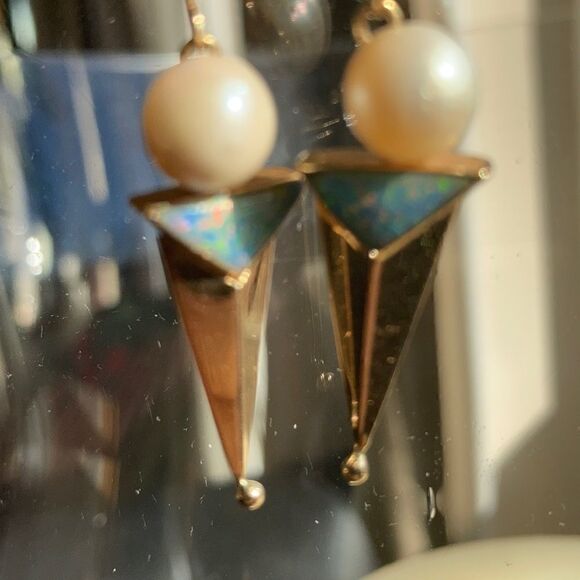Vintage Gold Earrings Genuine 14K Gold Real Pearl Genuine Opal Artisan Earrings - Picture 14 of 16